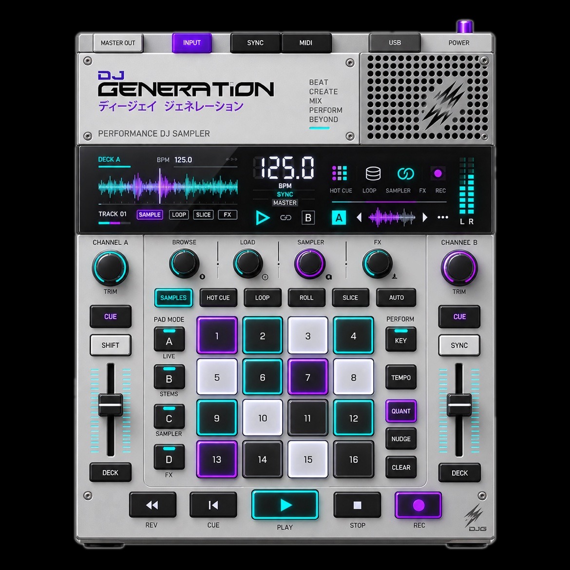 DJ Generation performance sampler — LED crate deck in brand purple and turquoise