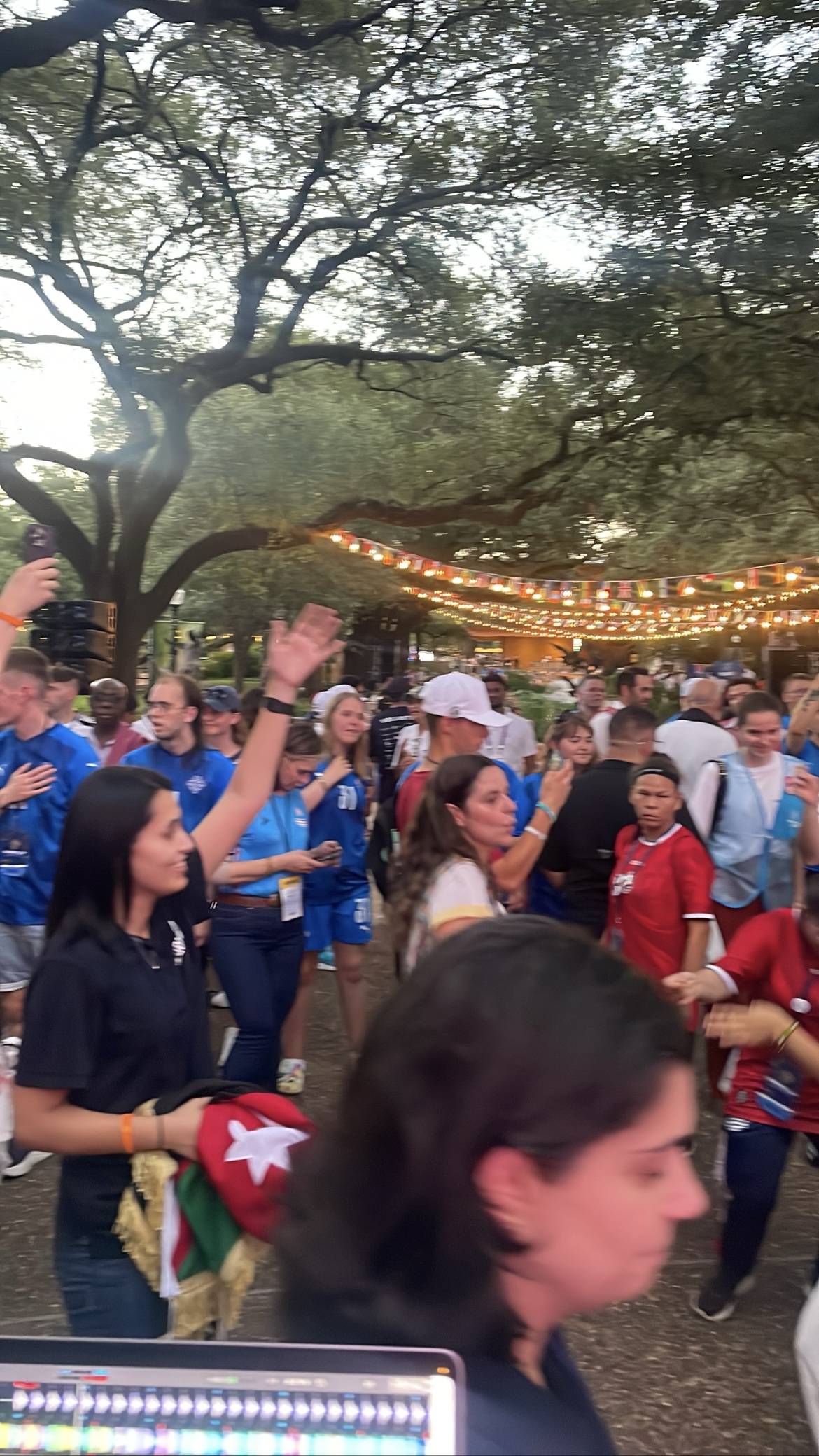 Outdoor cultural festival crowd with a guest holding a flag near the DJ setup