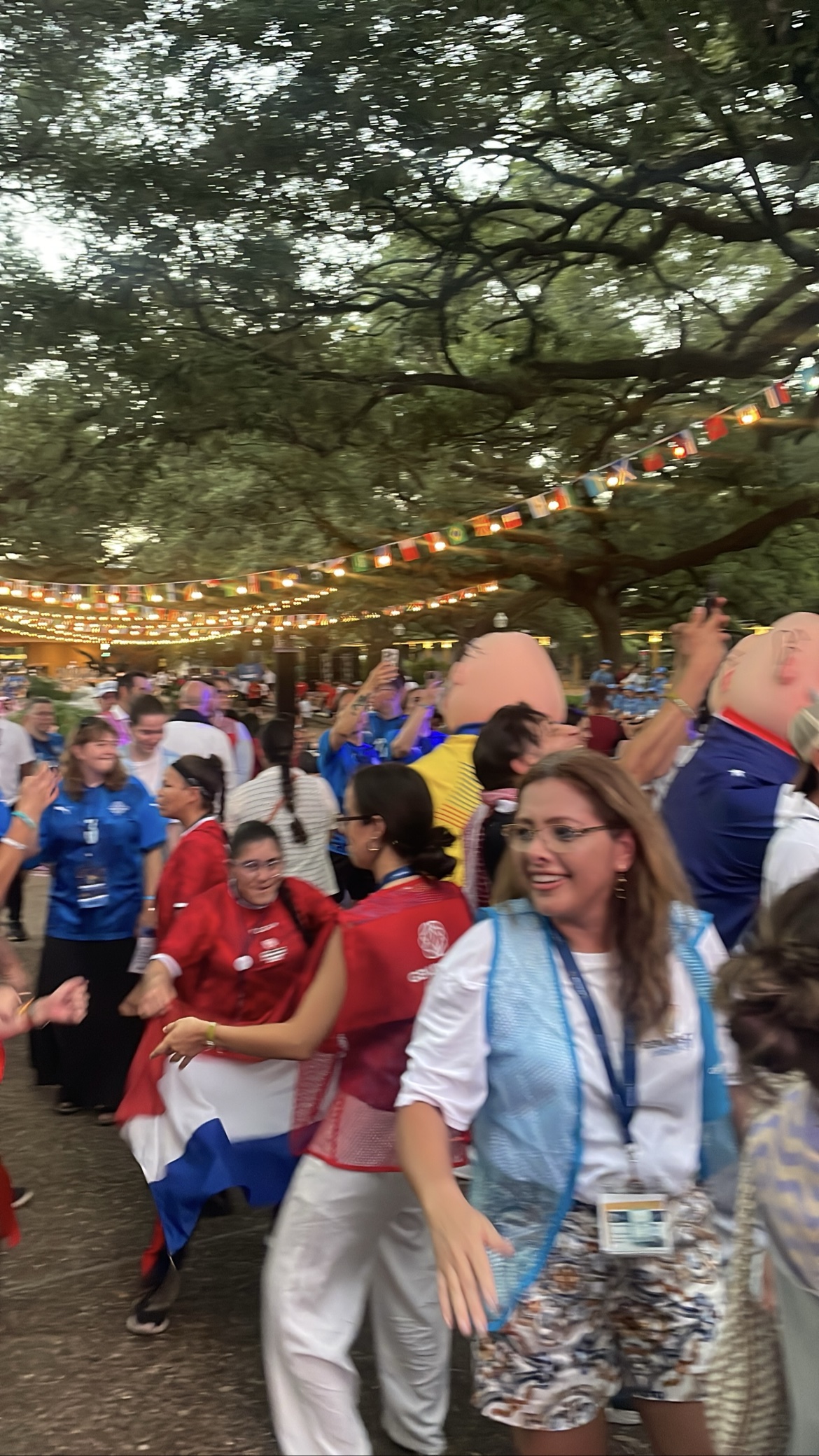 Festival guests mingling under string lights with international flags